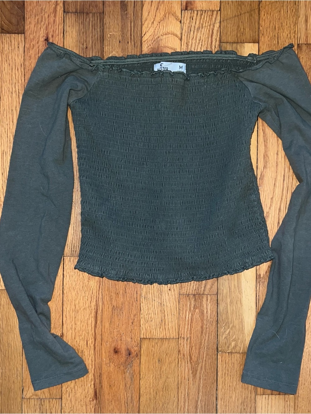 Hollister Olive Off-Shoulder Smocked Long Sleeve Top
